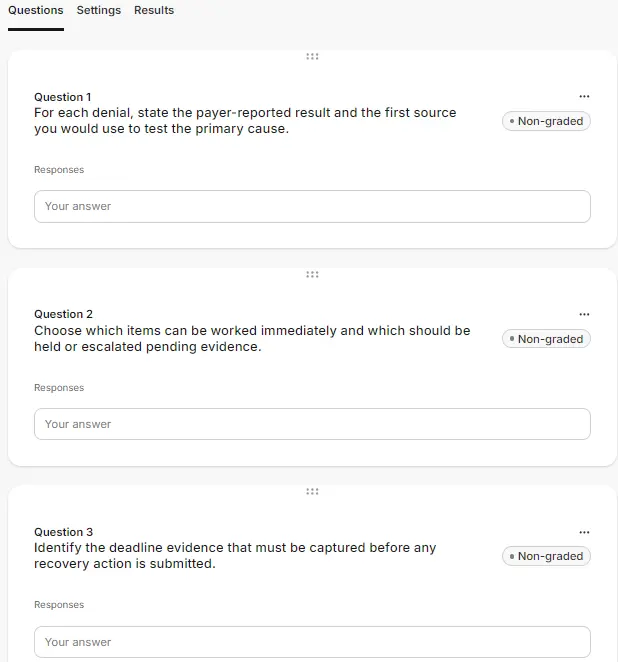 Applied exercise questions for denial triage, evidence and deadline decisions