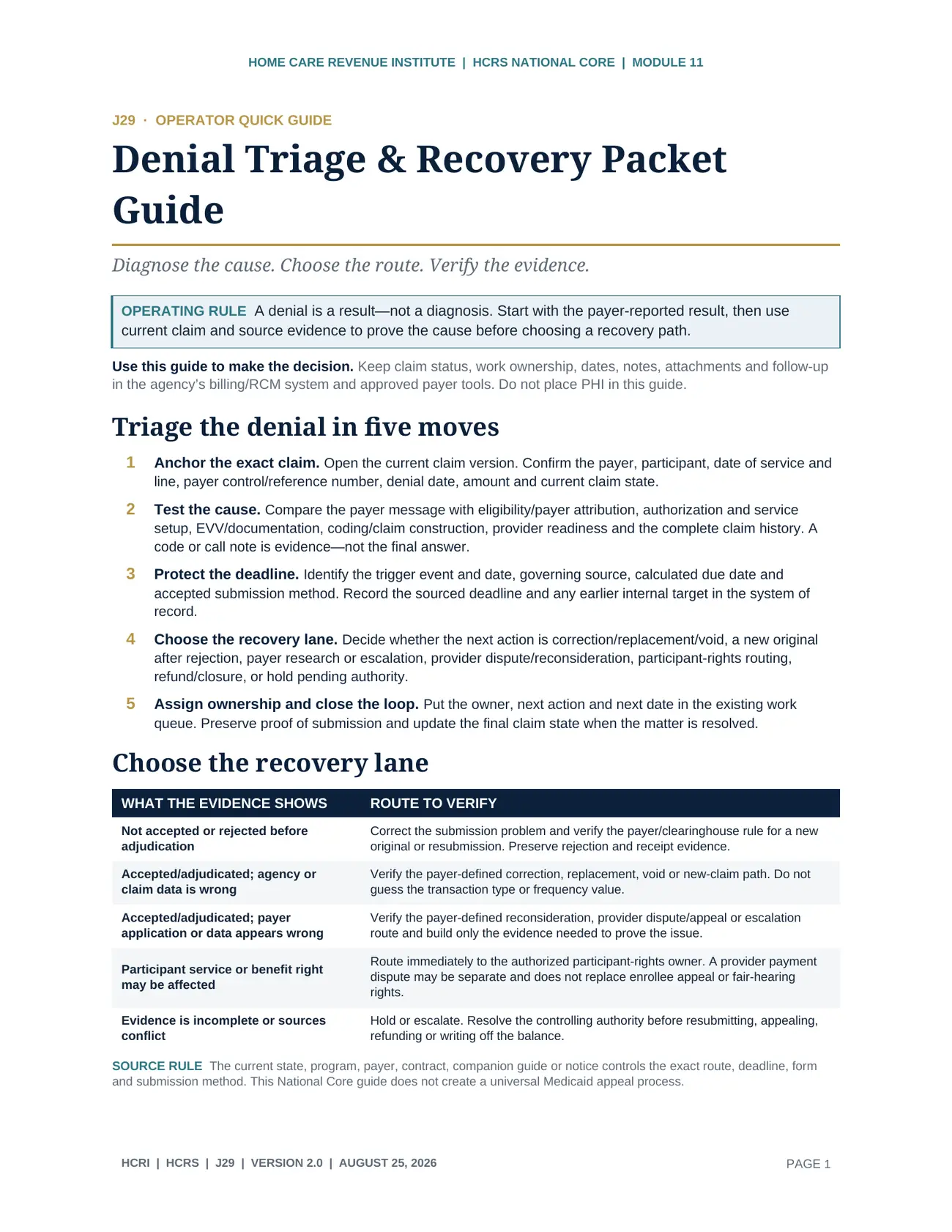 HCRS J29 Denial Triage and Recovery Packet Guide