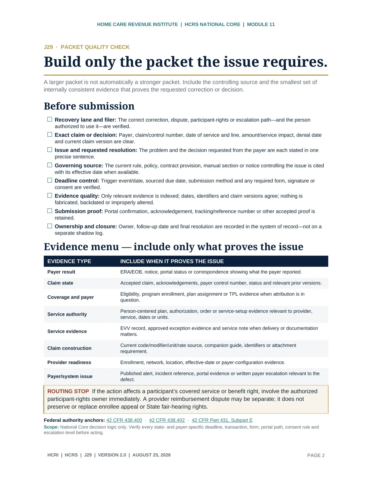 Page two of the HCRS Denial Triage and Recovery Packet Guide
