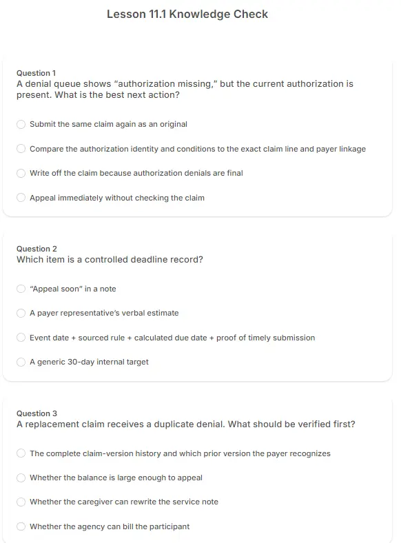 HCRS Lesson 11.1 knowledge check with three denial-triage questions